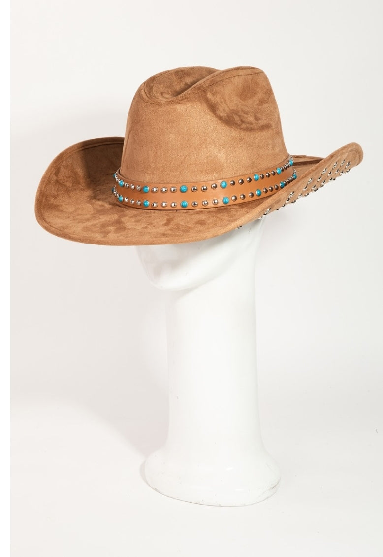 Brown Faux Suede Studded Brim Hat
