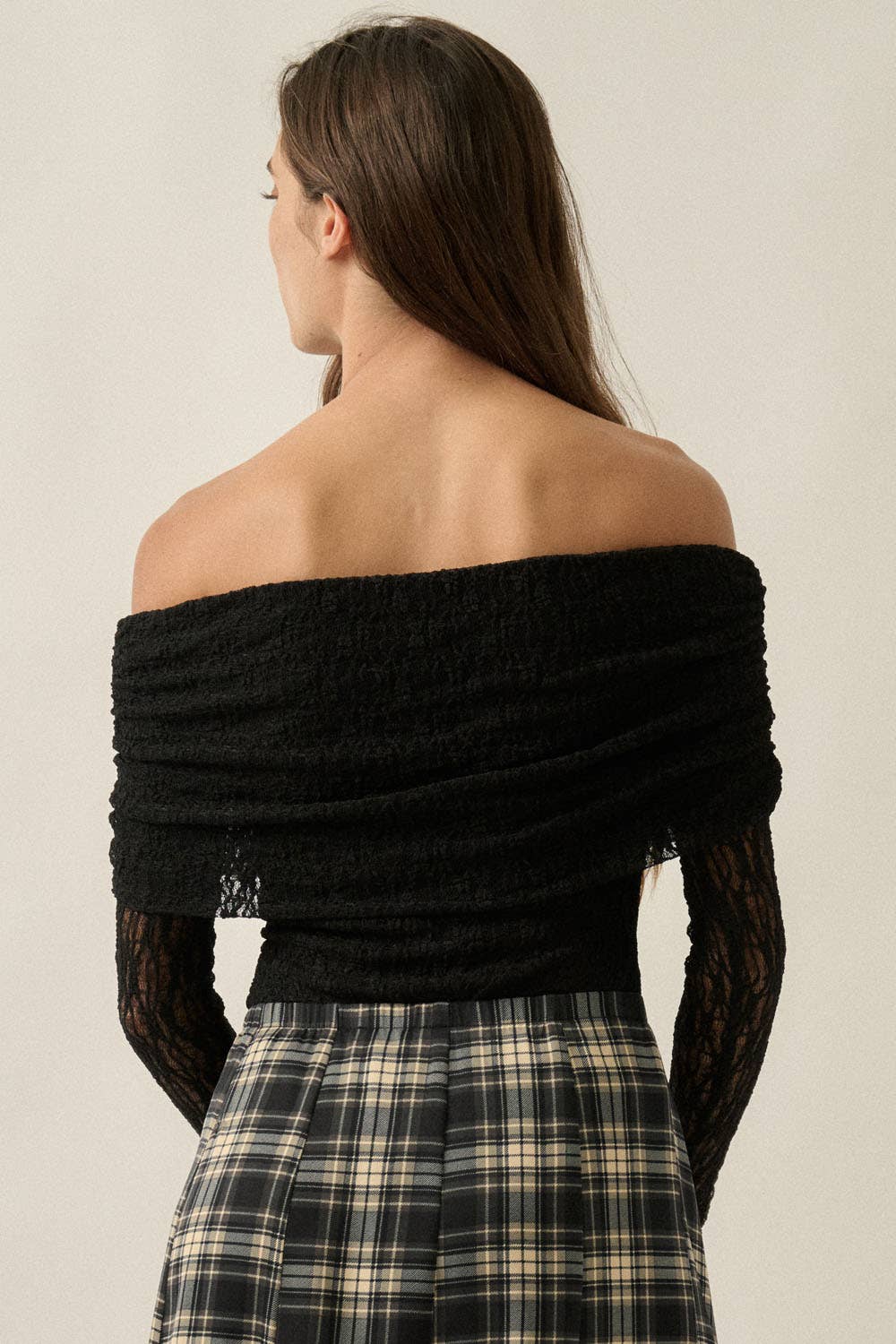 Black Lace Off-Shoulder Long-Sleeve Bodysuit