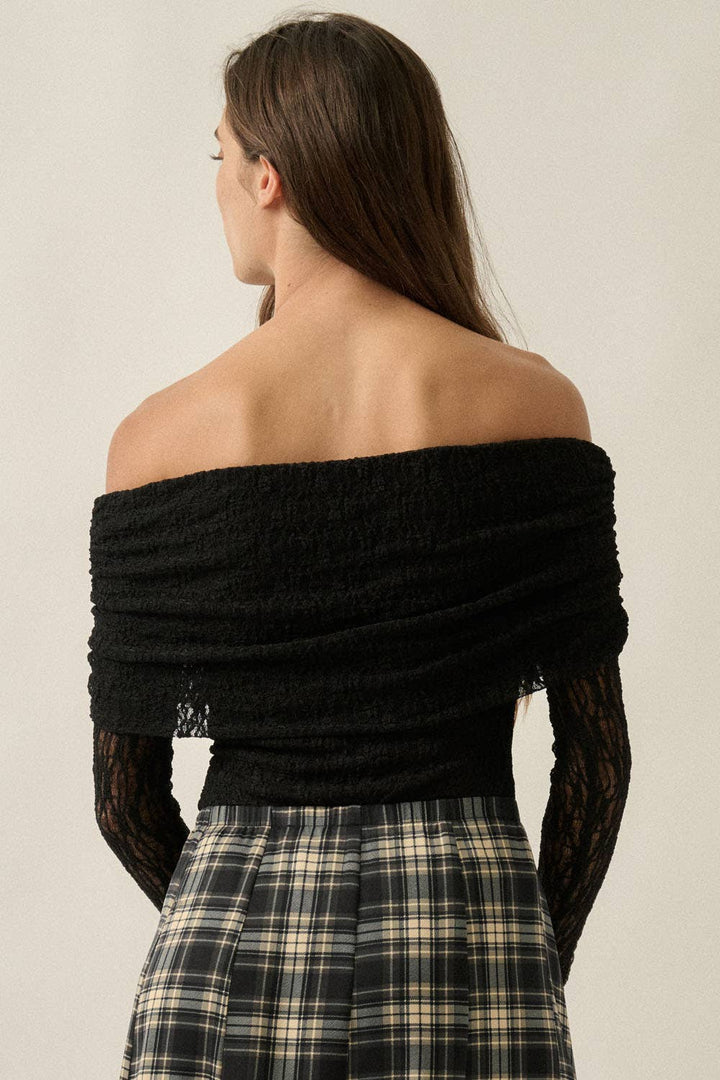 Black Lace Off-Shoulder Long-Sleeve Bodysuit