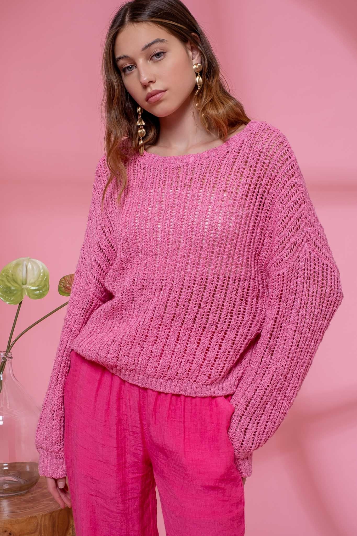 Pink Sheer Knit Pullover Sweater