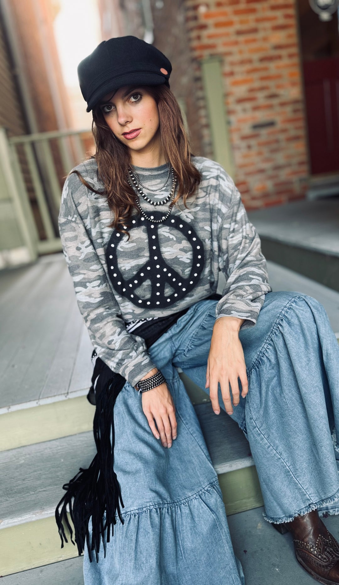 Camo Puff Peace Sign Long Sleeve Top