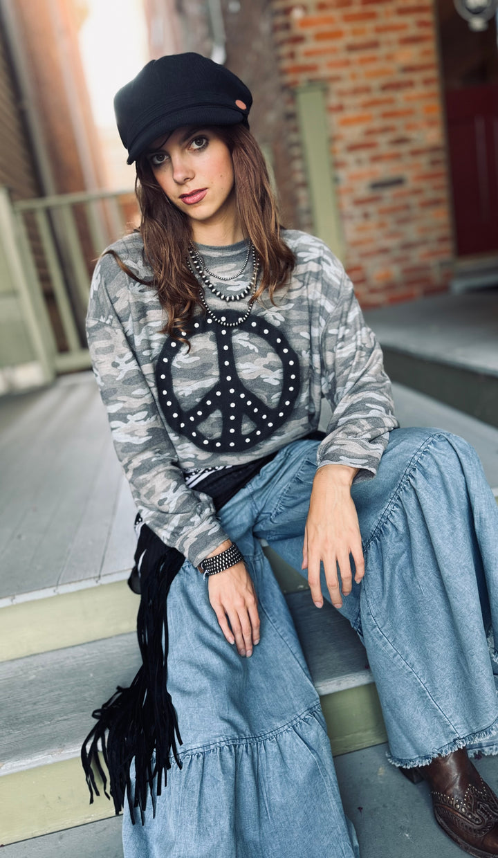 Camo Puff Peace Sign Long Sleeve Top