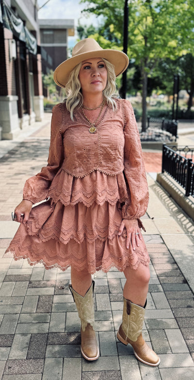 Tiered Scallop Embroidered Mini Dress-Terracotta