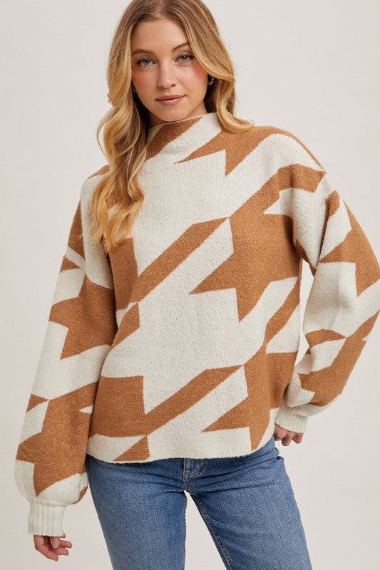 Cozy Mock Neck Houndstooth Sweater- Camel
