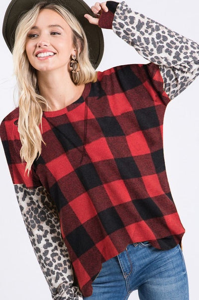 Buffalo Plaid & Leopard Sleeve Top