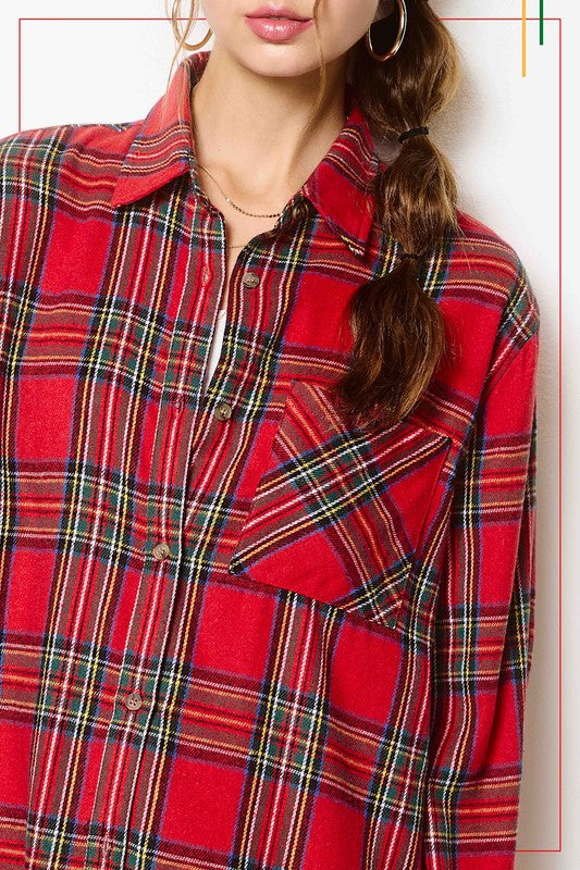 Red Ribbon Tartan Plaid Button Down Top