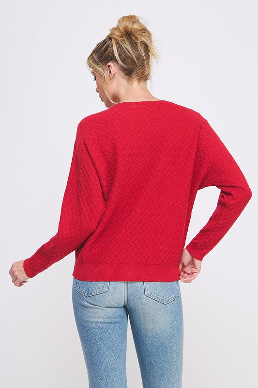 Red Herringbone Dolman Sweater