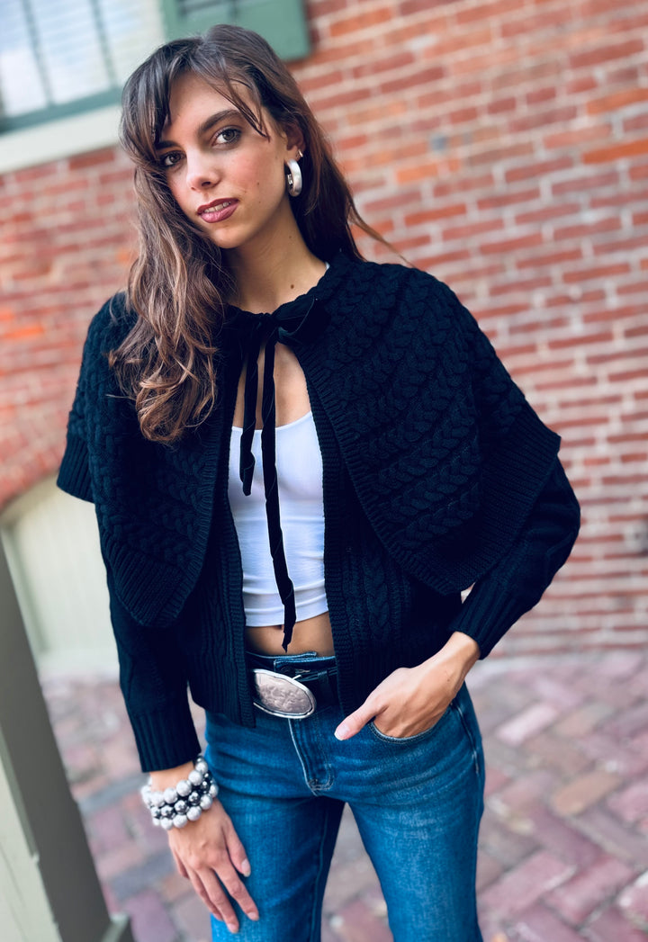Cable Knit Capelet Velvet Cardigan