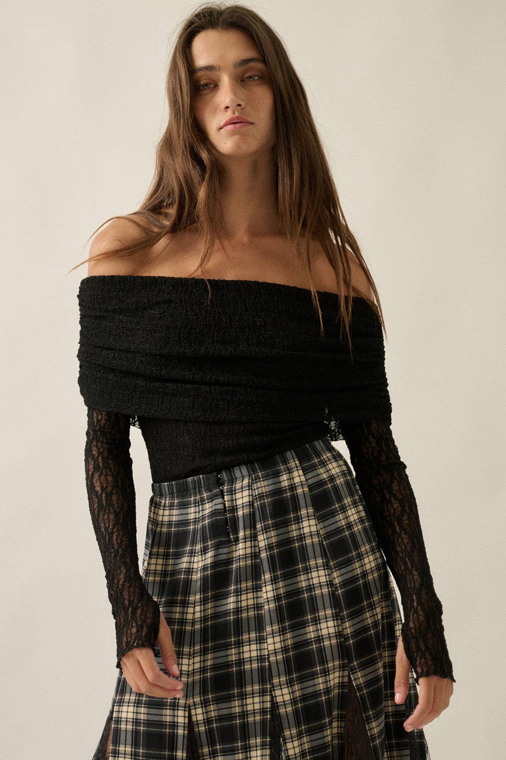 Black Lace Off-Shoulder Long-Sleeve Bodysuit