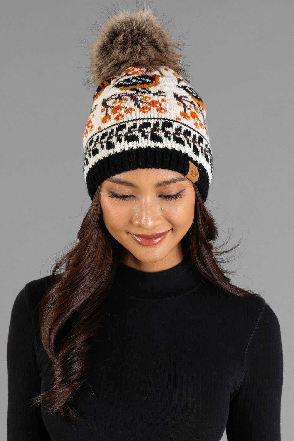 Black &amp; Cream Bird Pattern Knit Pom Hat
