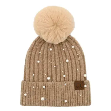 Pearl Embellishment Pom Beanie
