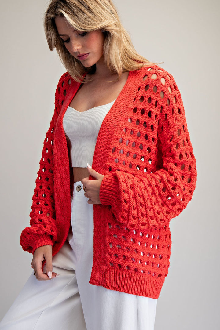 Open Knit Bubble Sleeve Cardigan