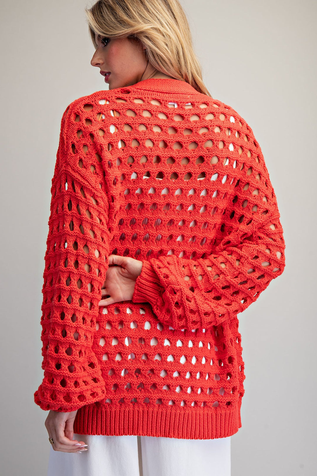 Open Knit Bubble Sleeve Cardigan