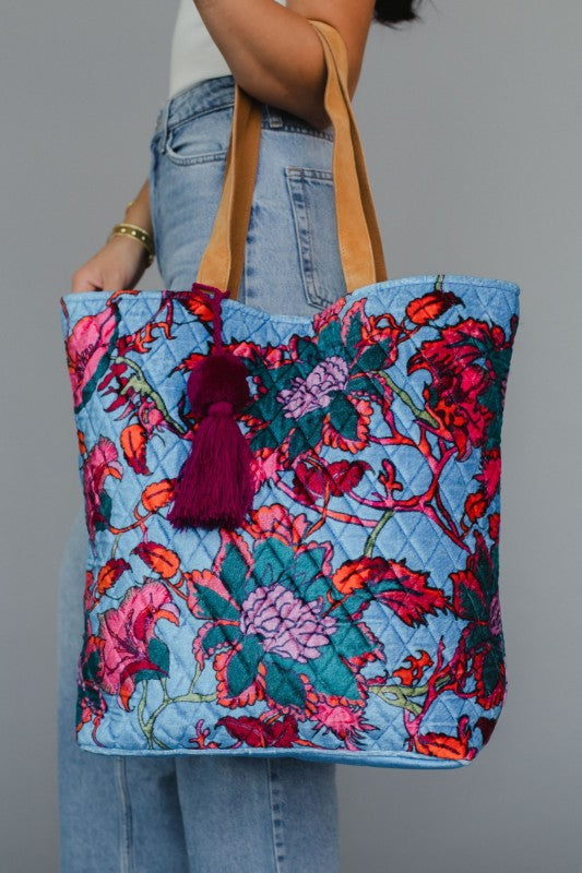 Bright Blue &amp; Floral Tote Bag