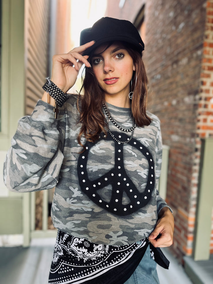 Camo Puff Peace Sign Long Sleeve Top