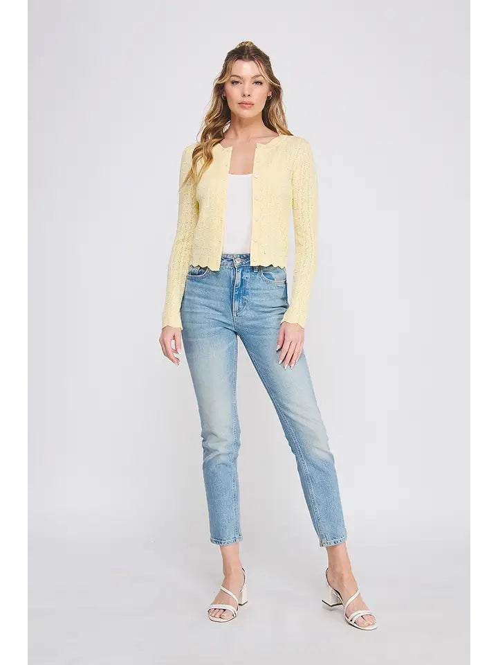Soft Yellow Pointelle Scalloped Cardigan