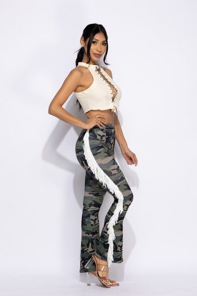Camo Fringed Stretch Pants