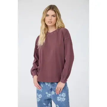 Fall Washed Crew Neck Long Sleeve Top - Maroon