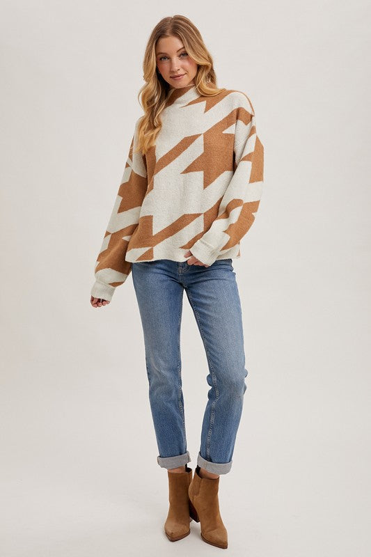 Cozy Mock Neck Houndstooth Sweater- Camel