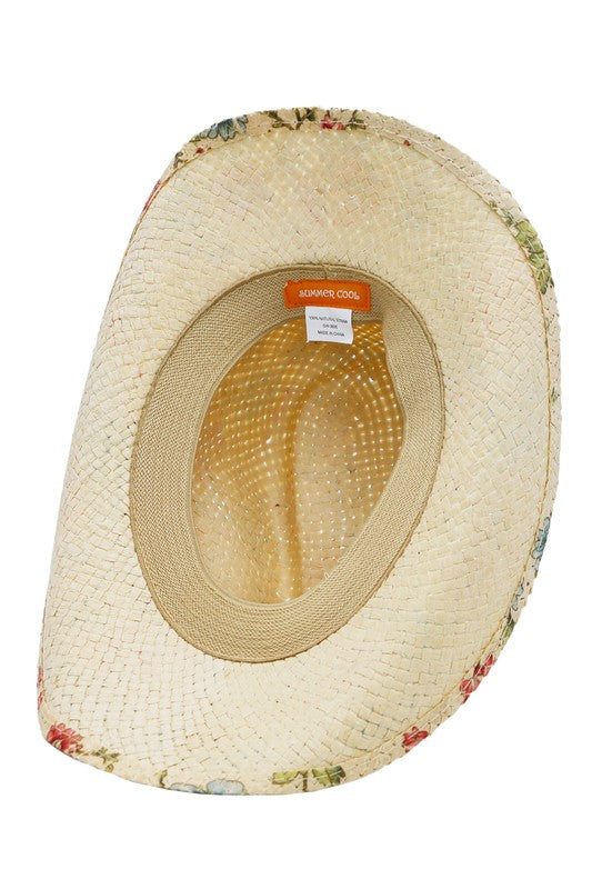Floral Raffia Paper Straw Cowboy Hat
