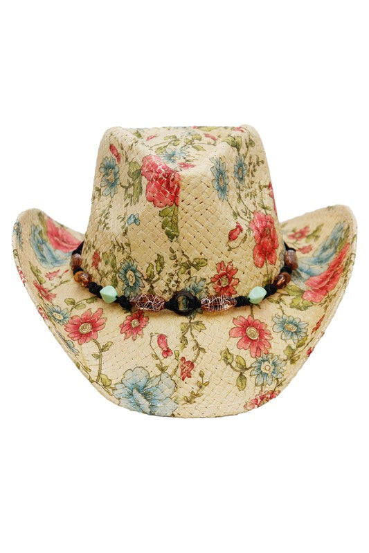 Floral Raffia Paper Straw Cowboy Hat