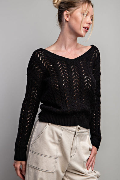 Crochet Twist Back Sweater - Black