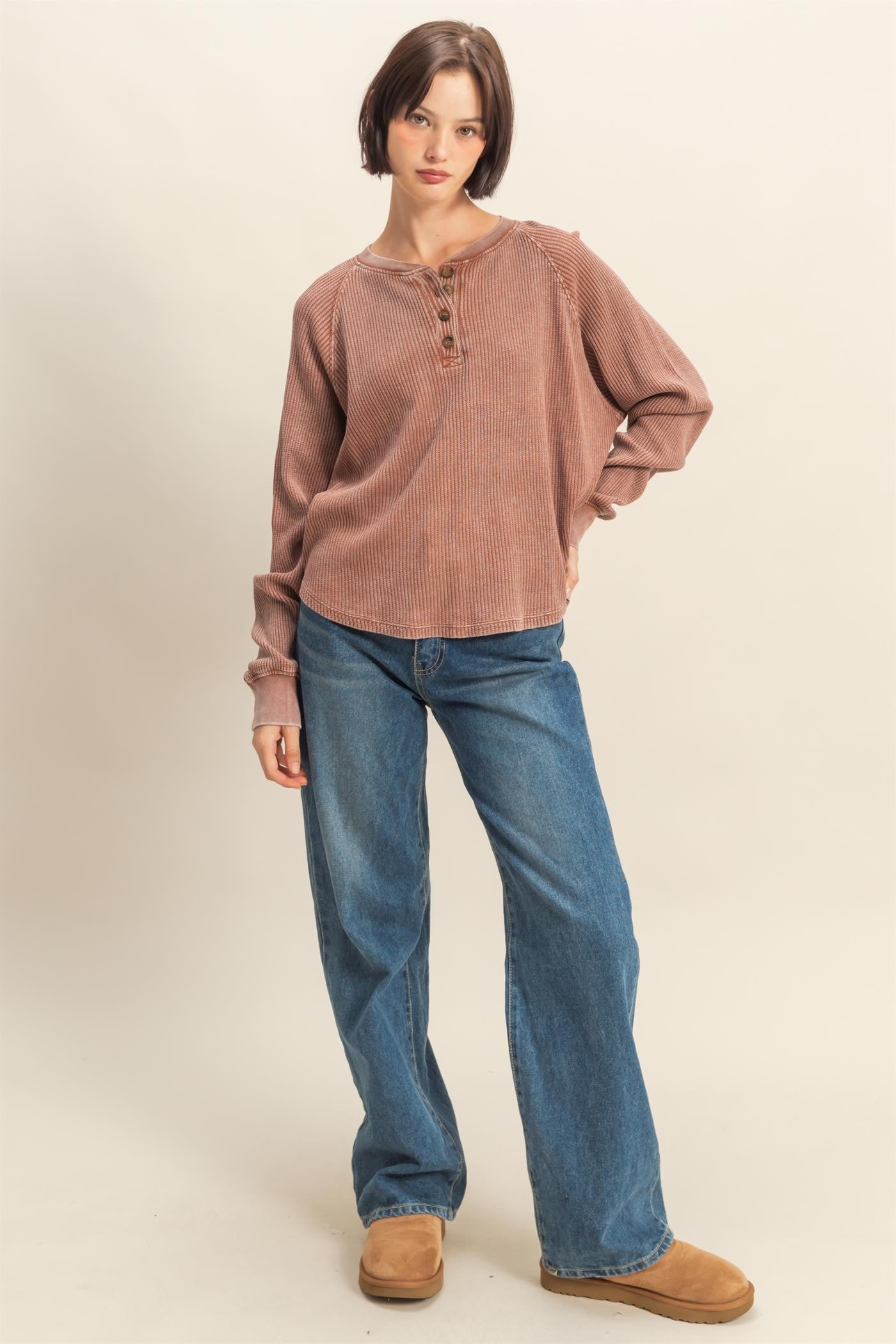 Embrace Mineral Washed Waffle Henley - chestnet