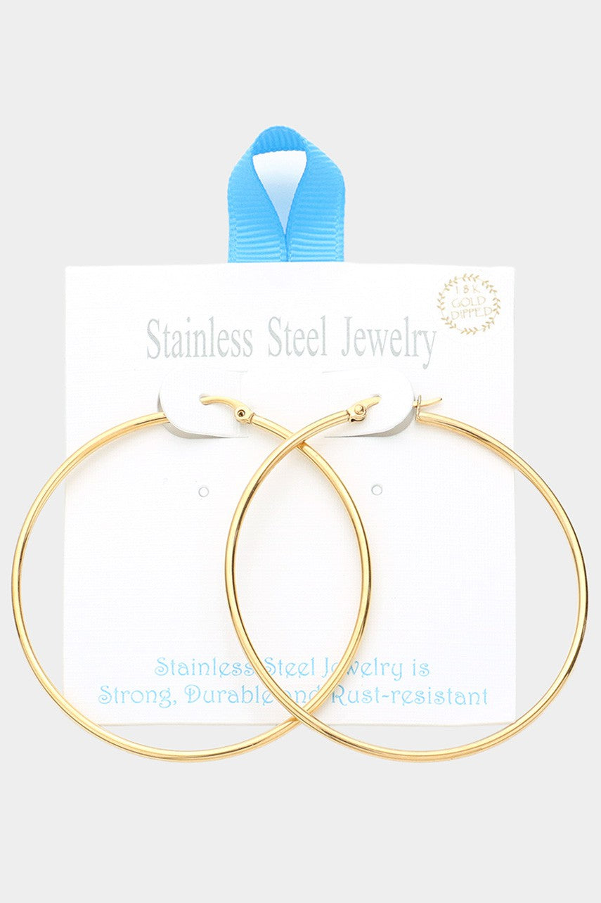 18k Gold 2.3 Inch Metal Hoop Pin Catch Earrings