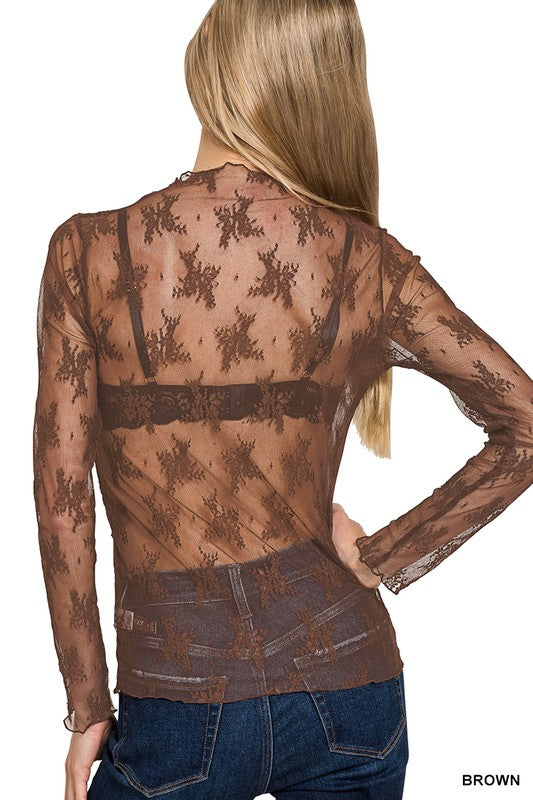 Brown Leaves Sheer Lace Shirt