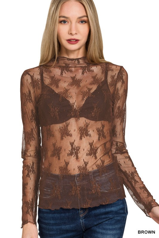 Brown Leaves Sheer Lace Shirt