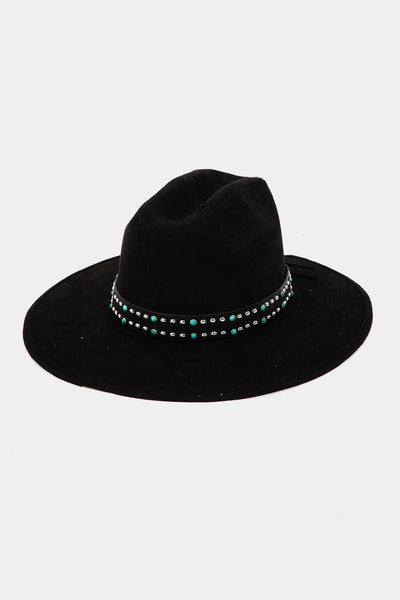 Black Faux Suede Studded Brim Hat