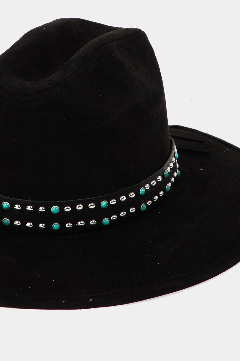 Black Faux Suede Studded Brim Hat