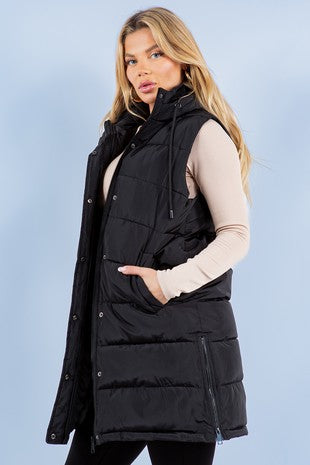 Black Fur Puffer Long Vest