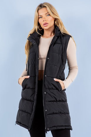 Black Fur Puffer Long Vest