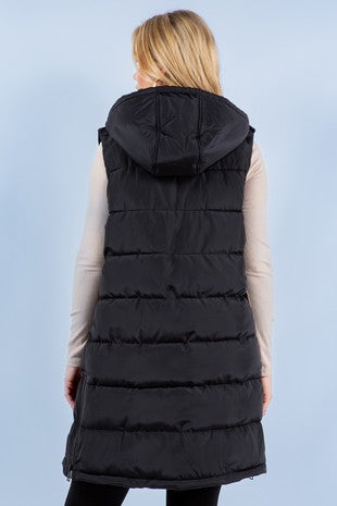 Black Fur Puffer Long Vest
