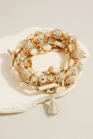 Ivory Mixed Bead Tassel Bracelet Stack
