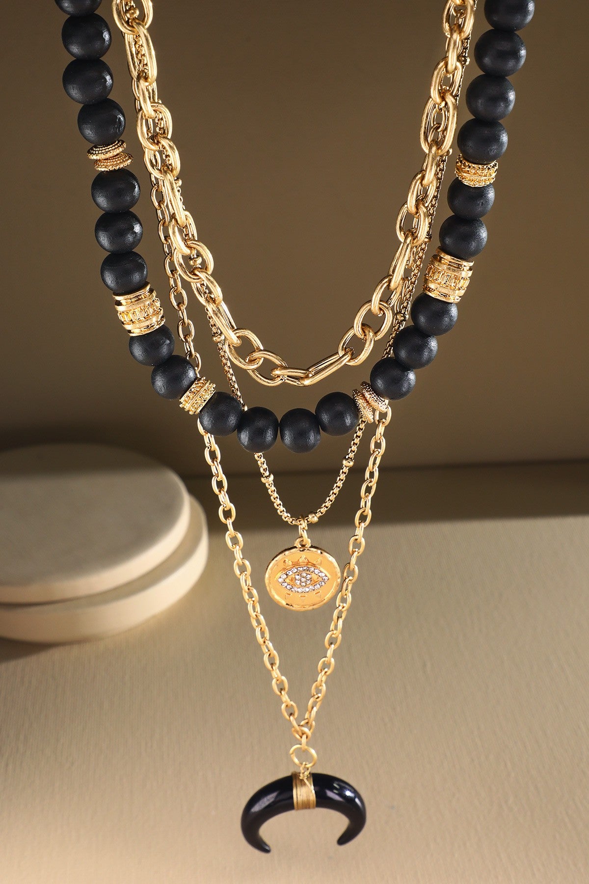 Layered Magic Horn & Evil Eye Charm Necklace (3 color options)