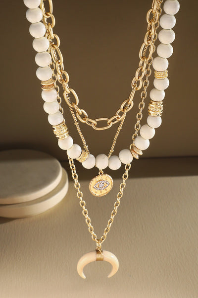 Layered Magic Horn & Evil Eye Charm Necklace (3 color options)
