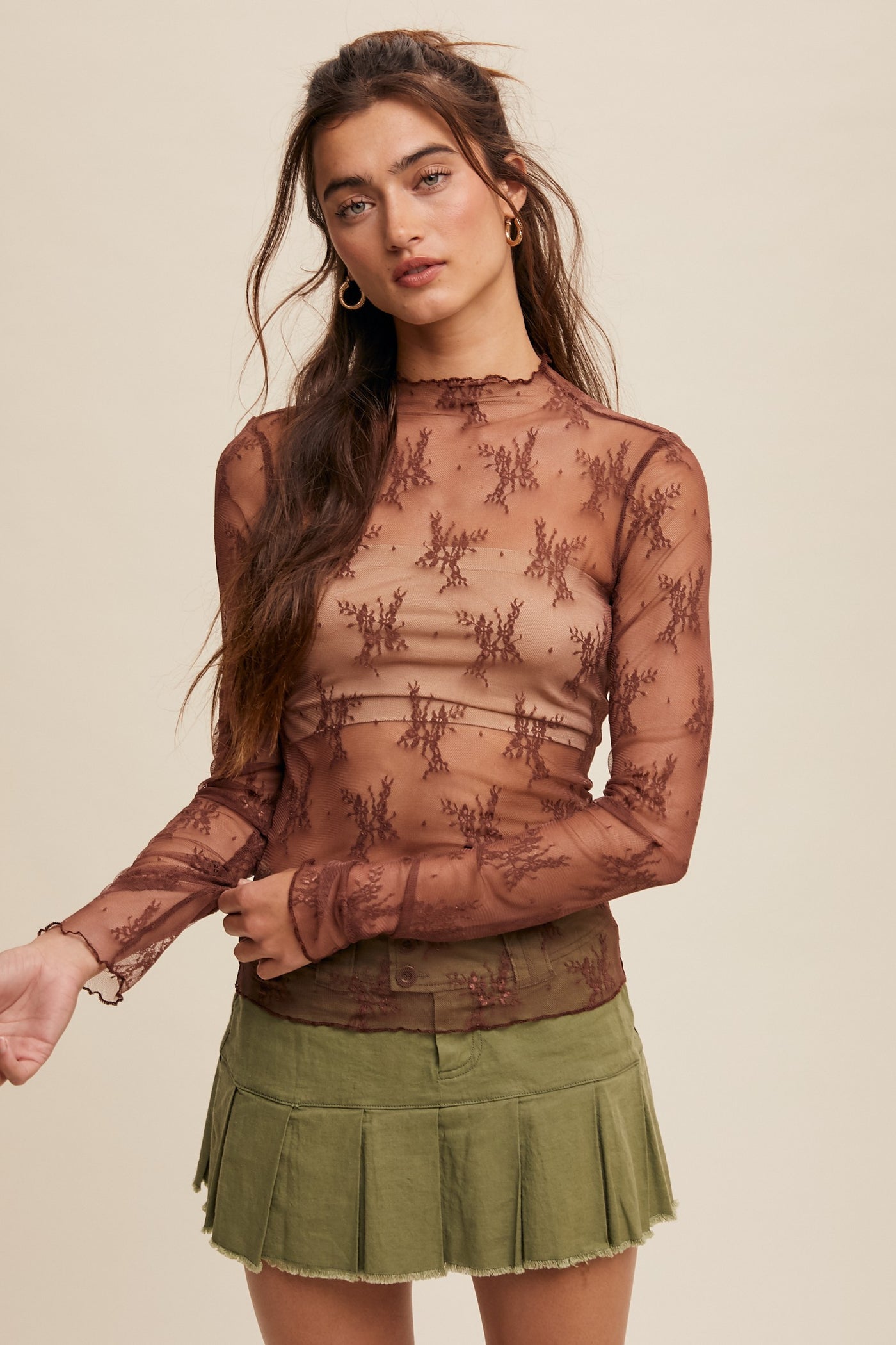 Red Bean Sheer Lace Top