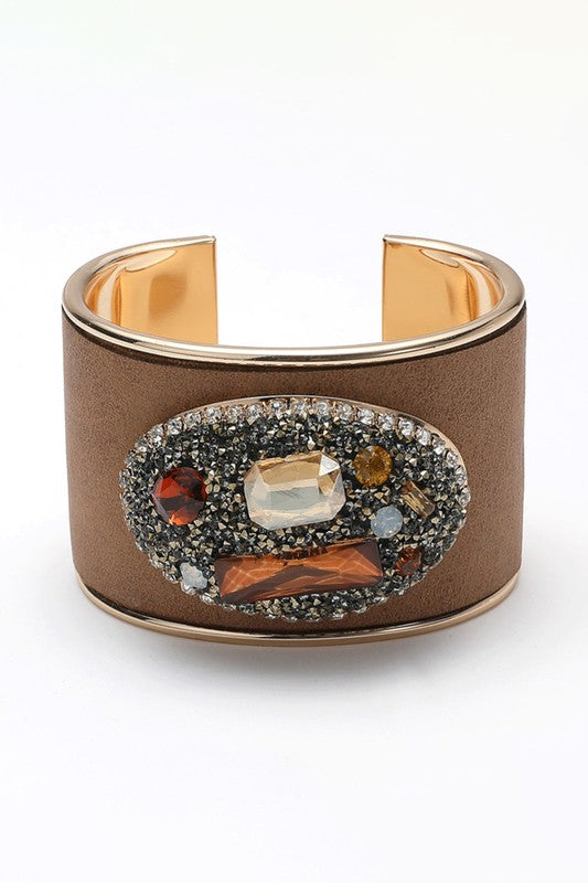Glass Bling Studded Faux Leather Cuff Bracelet