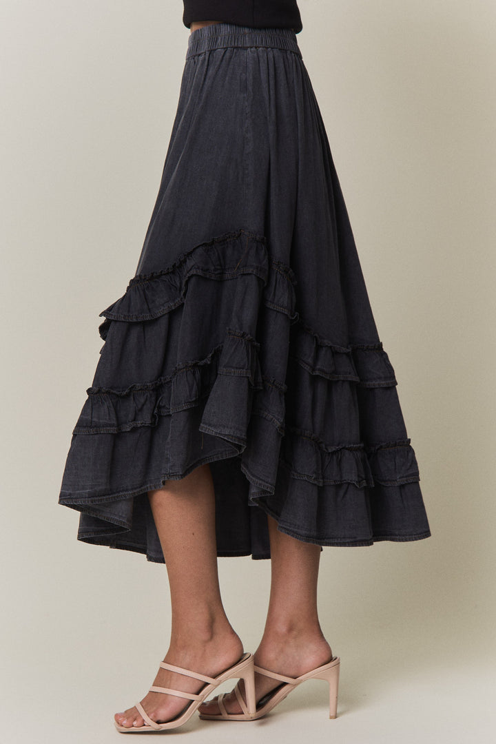 Blask Ash Tiered Ruffle Denim Skirt