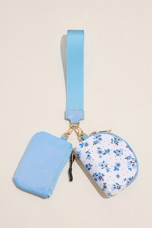 Blue Flower Pattern Compact Dual Pouch With Strap