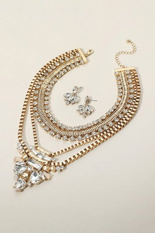 Antique Metal Stone Embellished Statement Necklace
