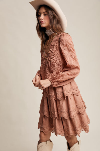 Tiered Scallop Embroidered Mini Dress-Terracotta