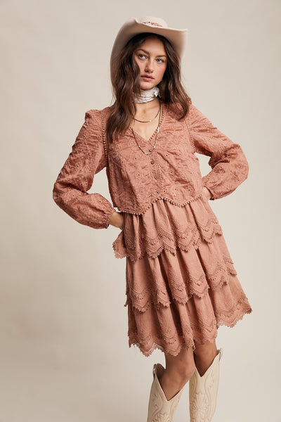 Tiered Scallop Embroidered Mini Dress-Terracotta