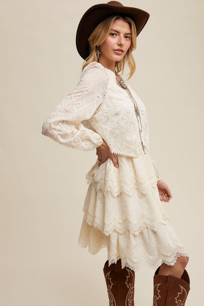 Tiered Scallop Embroidered Mini Dress-Ivory