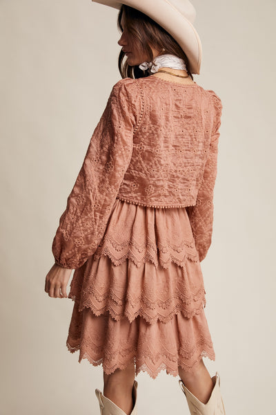 Tiered Scallop Embroidered Mini Dress-Terracotta