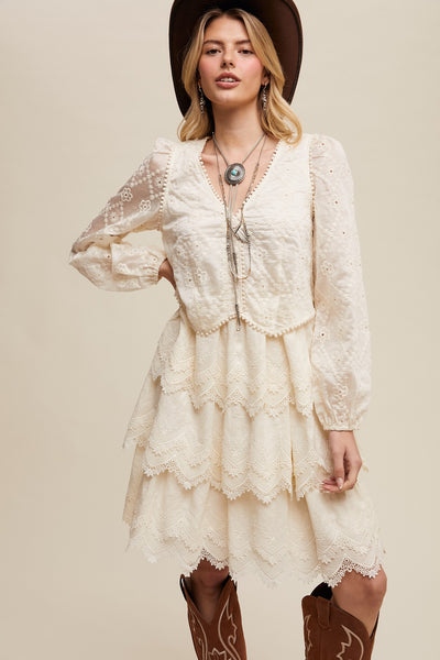 Tiered Scallop Embroidered Mini Dress-Ivory