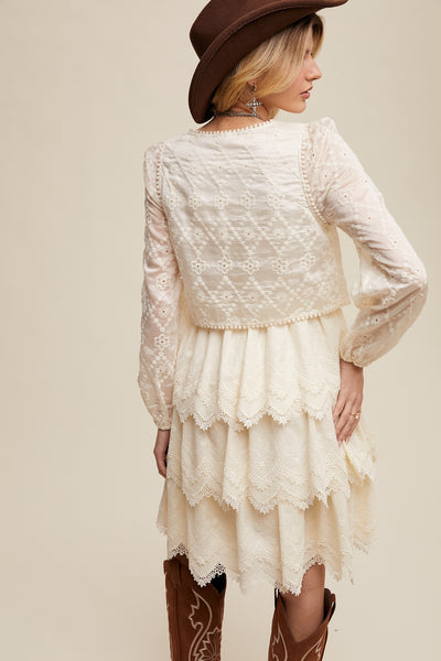 Tiered Scallop Embroidered Mini Dress-Ivory