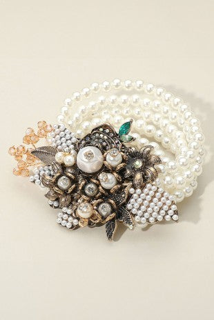 Vintage Floral Pearl Strand Stretch Bracelet #1